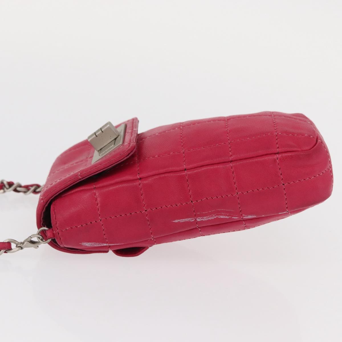 CHANEL Choco Bar line Chain Shoulder Bag Leather Pink Silver CC Auth BA8714