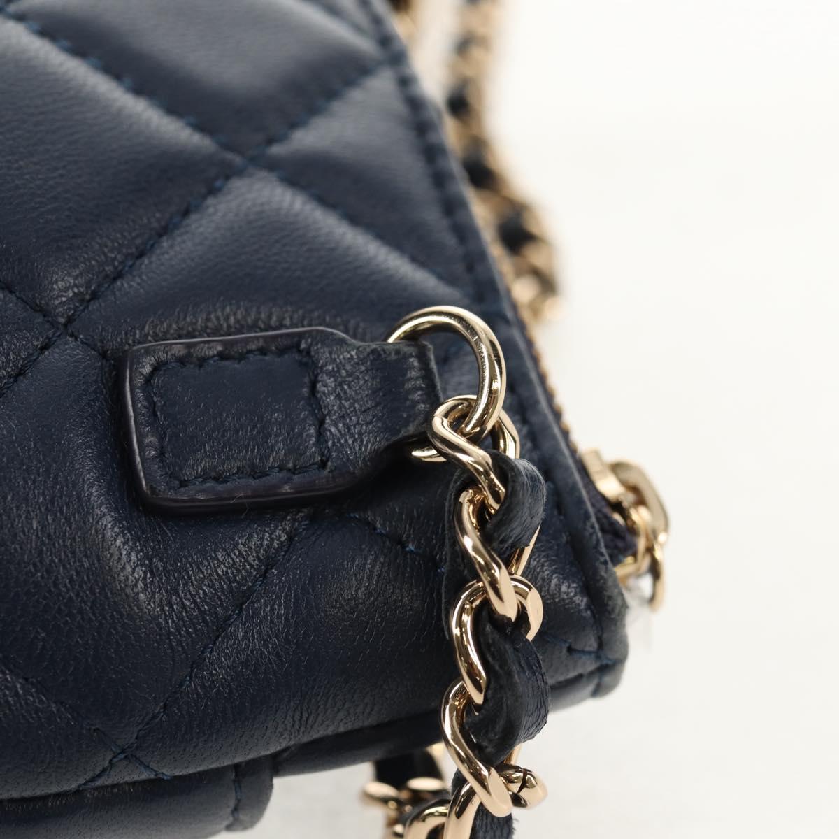CHANEL Matelasse Chain Phone Case Bag Lamb Skin Navy Gold CC Auth BA8715SAV