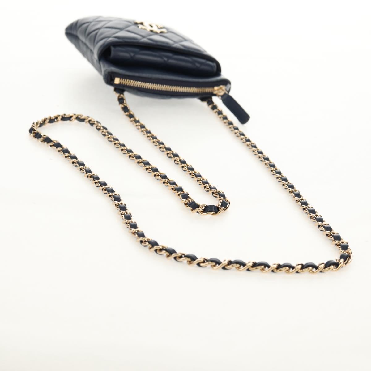 CHANEL Matelasse Chain Phone Case Bag Lamb Skin Navy Gold CC Auth BA8715SAV