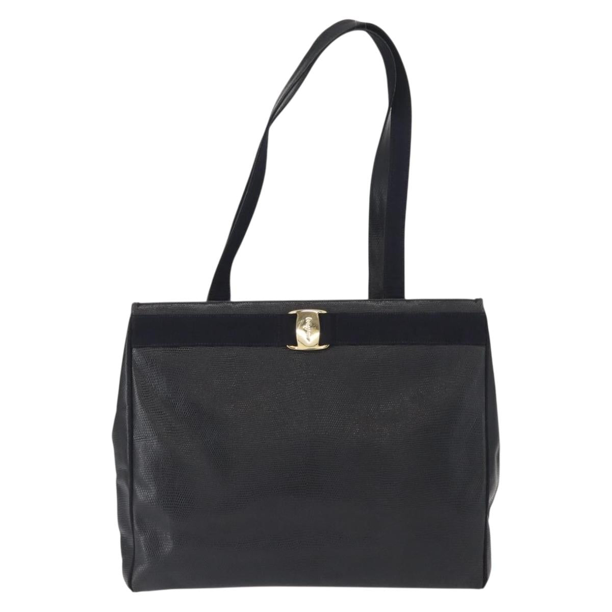 Salvatore Ferragamo Vala Tote Bag Leather Navy Gold Auth BA8751