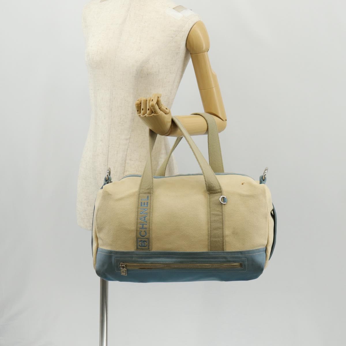 CHANEL Boston Bag Canvas Beige Silver CC Auth BA8755