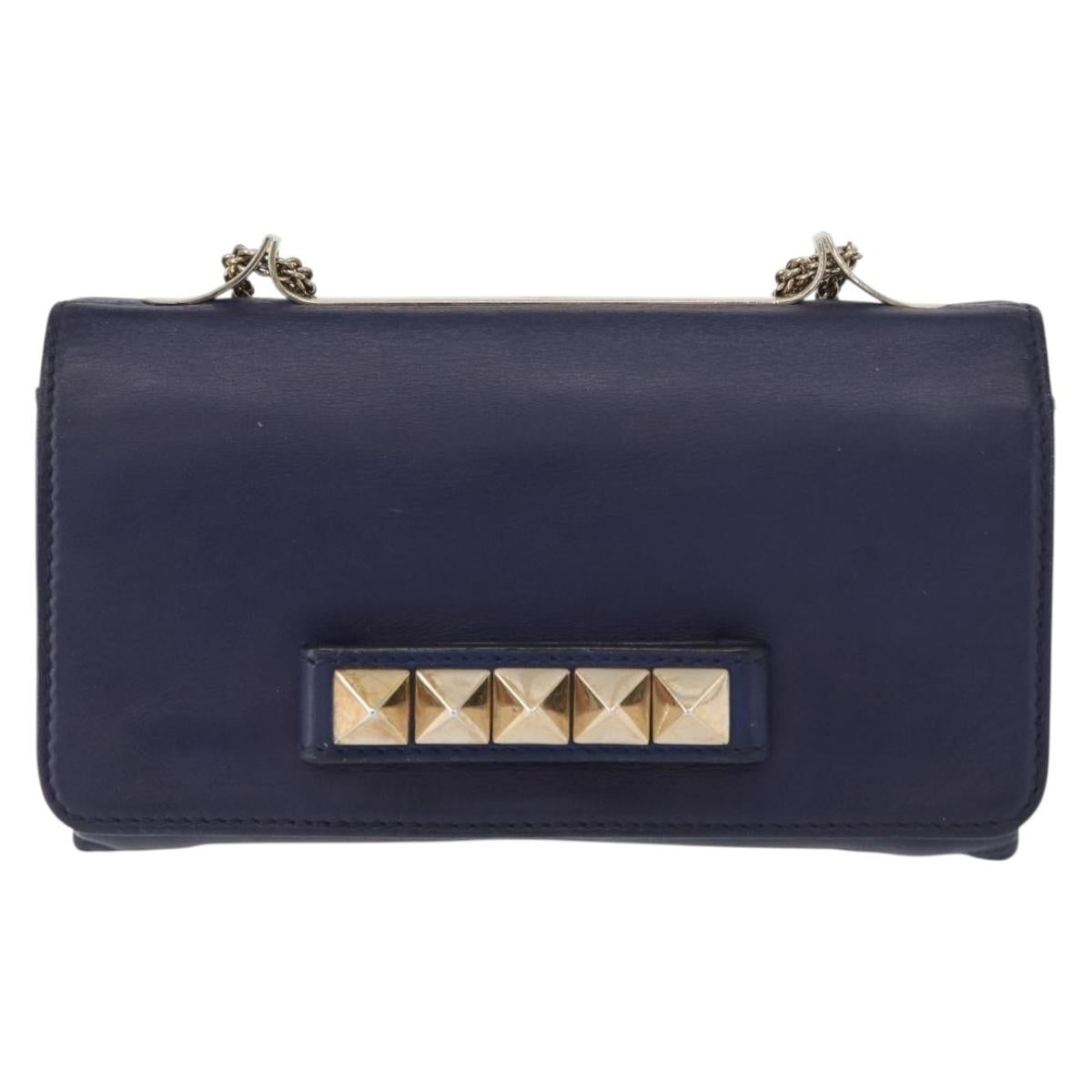 VALENTINO Studs Chain Shoulder Bag Leather Navy Gold Auth BA8756