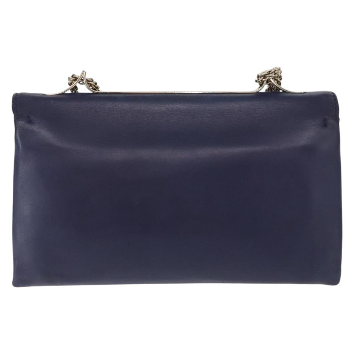 VALENTINO Studs Chain Shoulder Bag Leather Navy Gold Auth BA8756