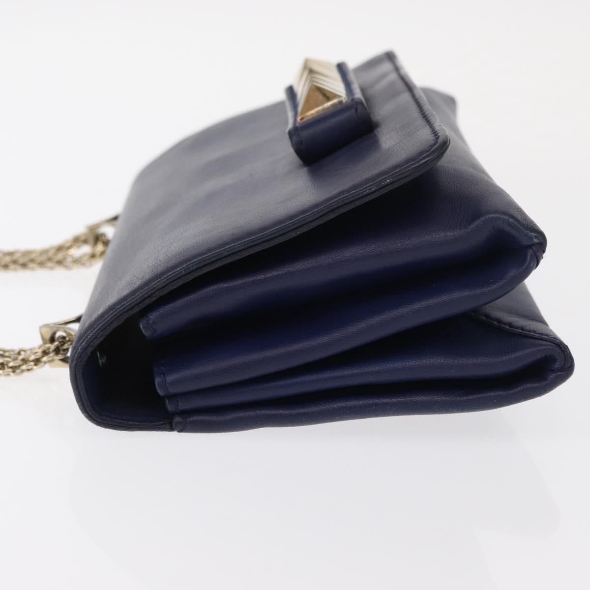 VALENTINO Studs Chain Shoulder Bag Leather Navy Gold Auth BA8756