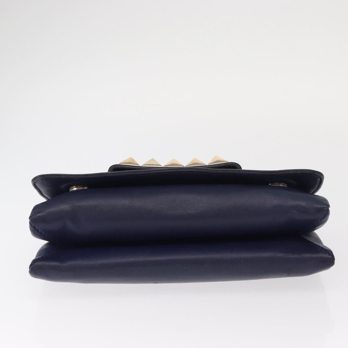 VALENTINO Studs Chain Shoulder Bag Leather Navy Gold Auth BA8756