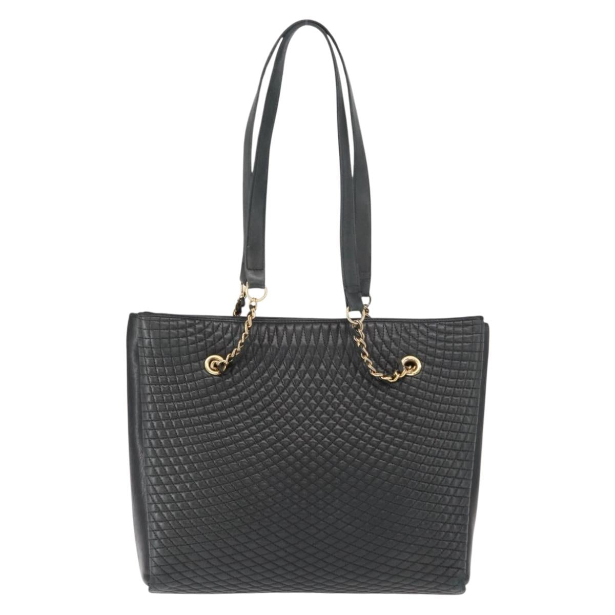 BALLY Chain Shoulder Bag Leather Navy Gold Auth BA8777