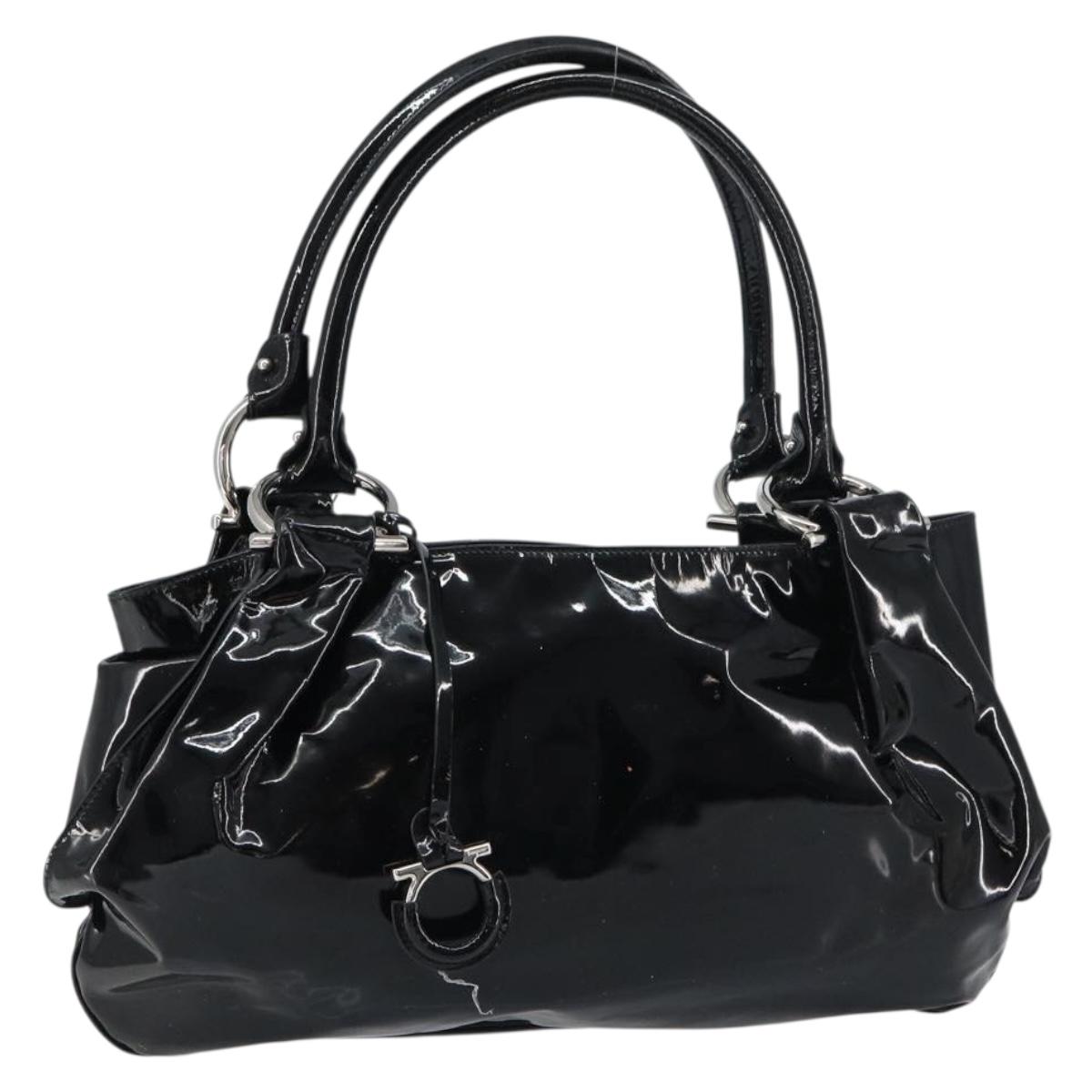 Salvatore Ferragamo Gancini Tote Bag Enamel Black Silver Auth BA8785