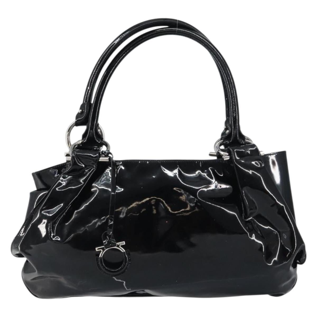 Salvatore Ferragamo Gancini Tote Bag Enamel Black Silver Auth BA8785