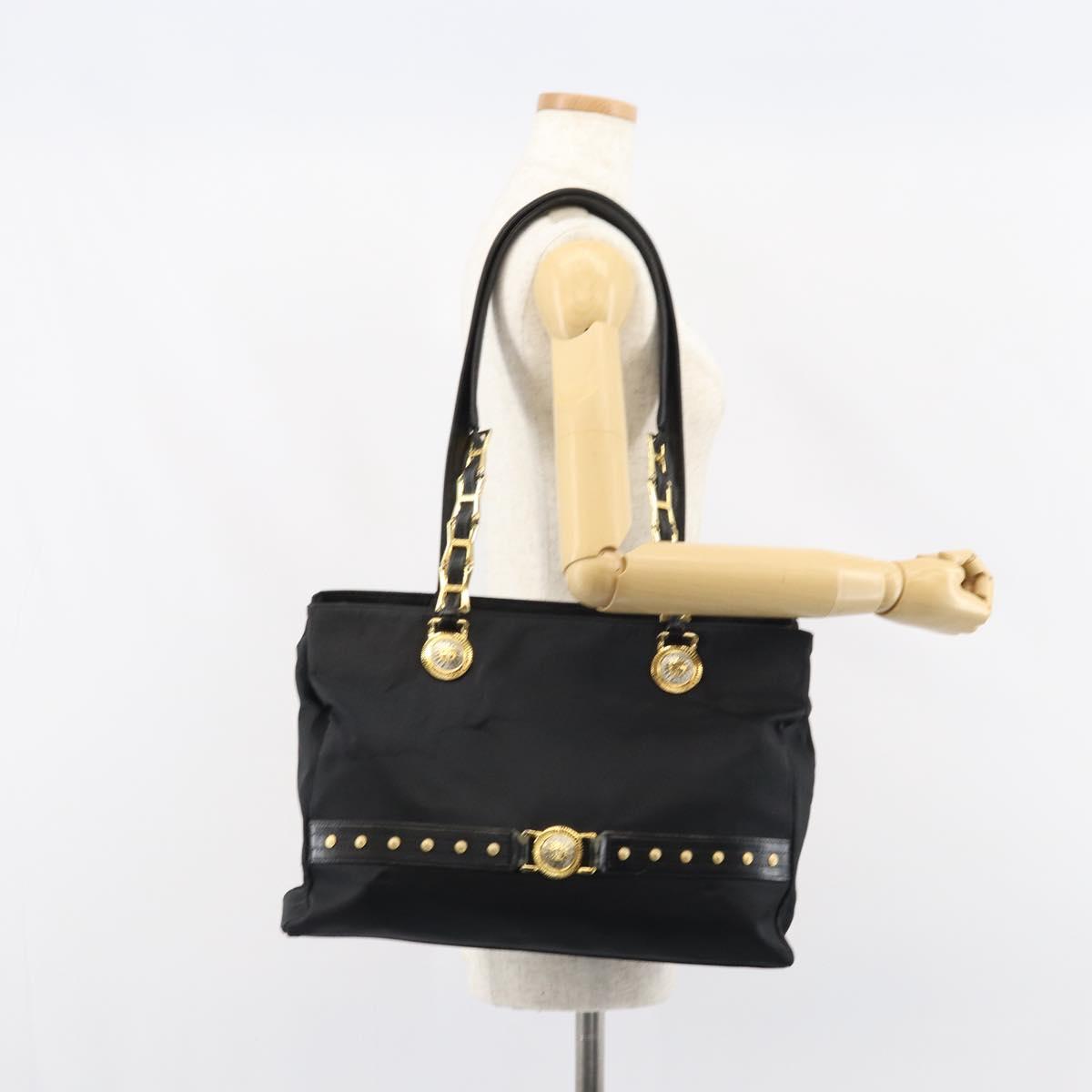Gianni Versace Tote Bag Nylon Black Gold Auth BA8787