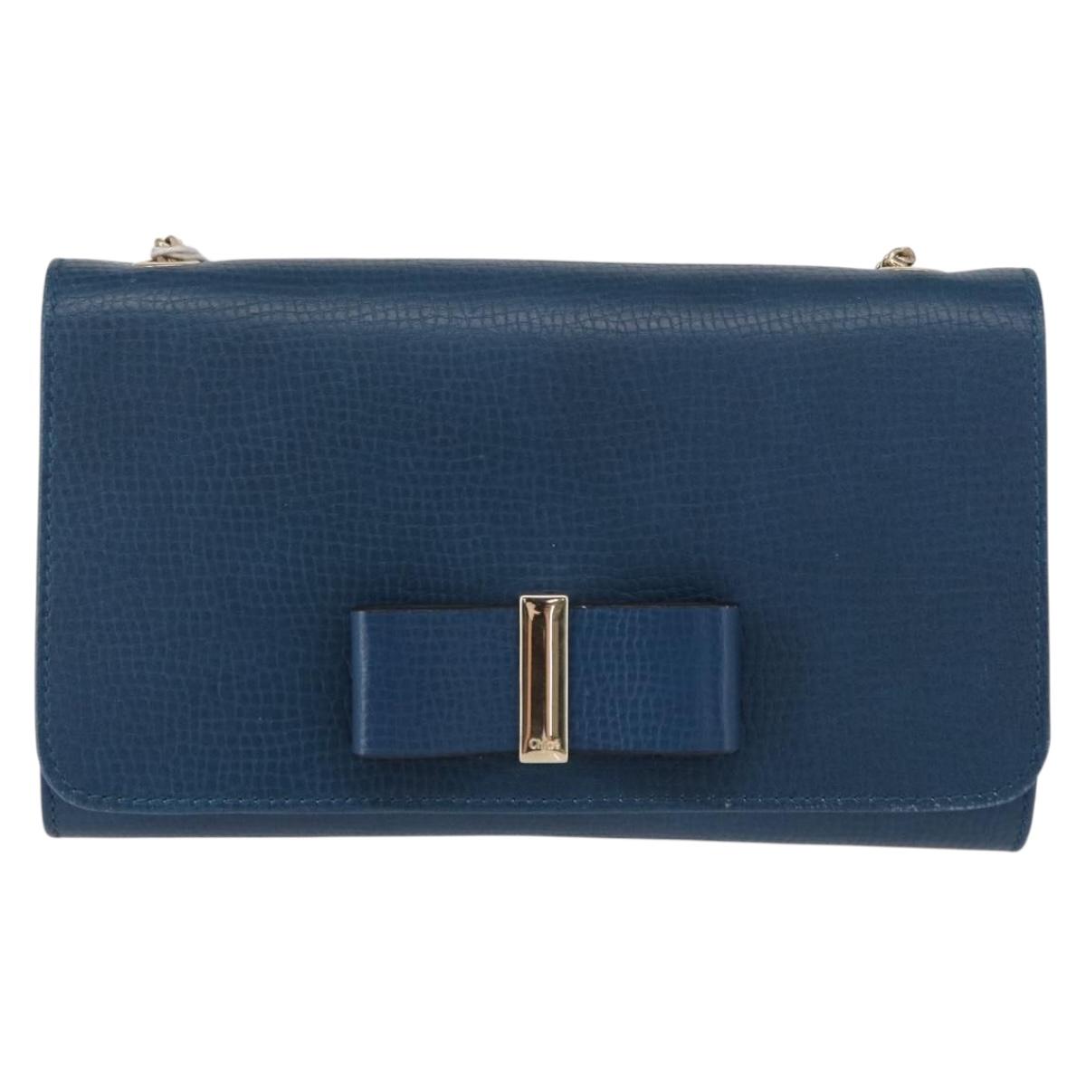 Chloe Chain Shoulder Bag Leather Blue Gold Auth BA8819