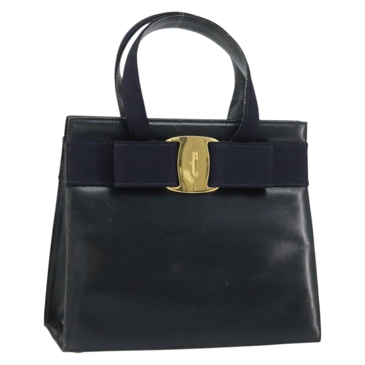 Salvatore Ferragamo Vala Hand Bag Leather Navy Gold Auth BA8854