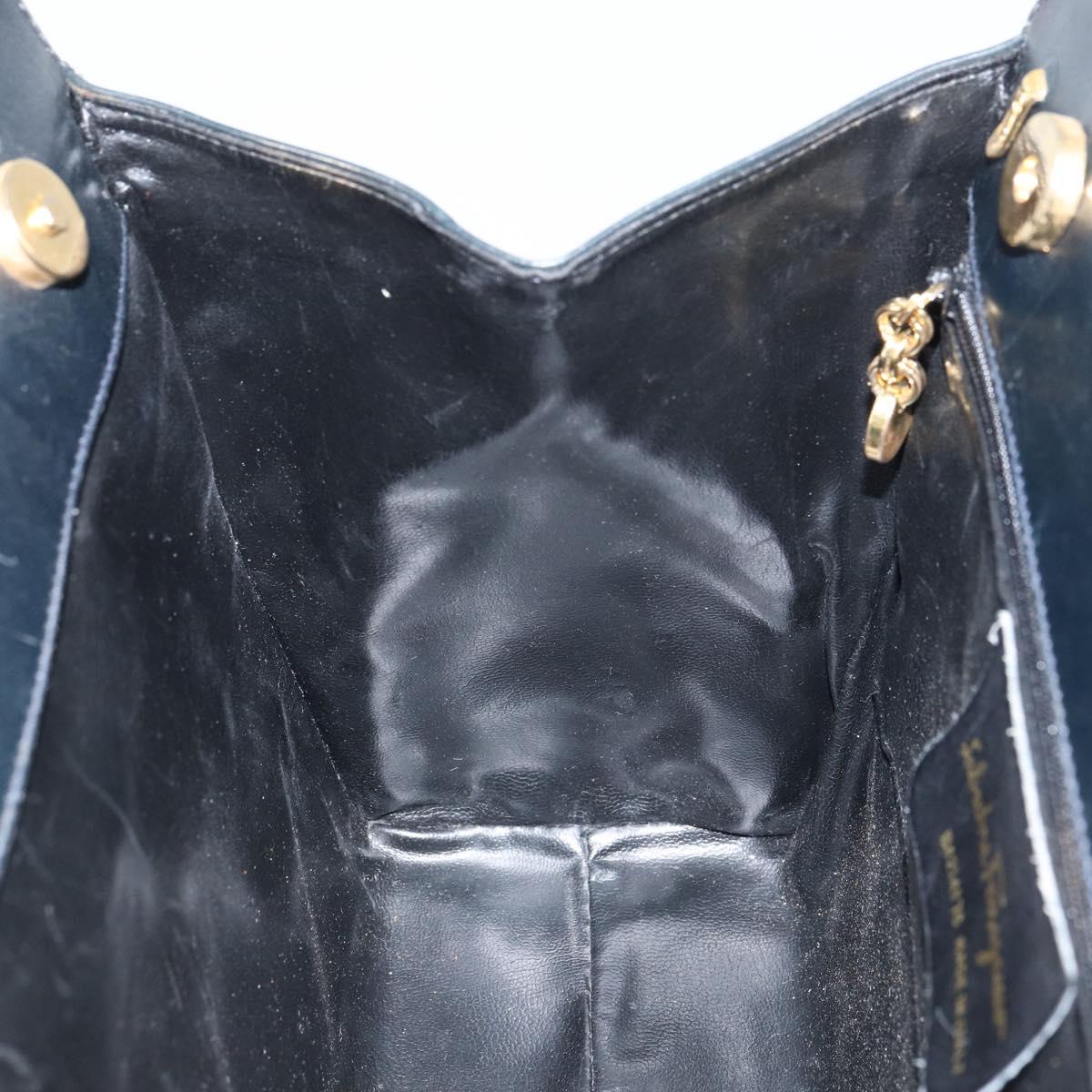 Salvatore Ferragamo Vala Hand Bag Leather Navy Gold Auth BA8854