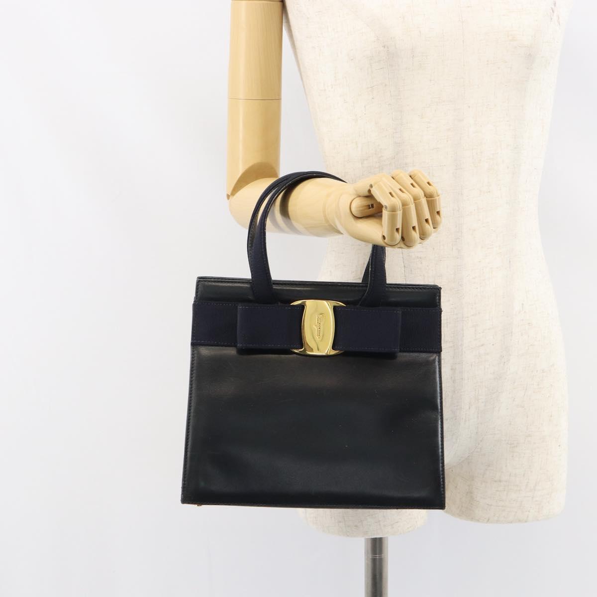 Salvatore Ferragamo Vala Hand Bag Leather Navy Gold Auth BA8854