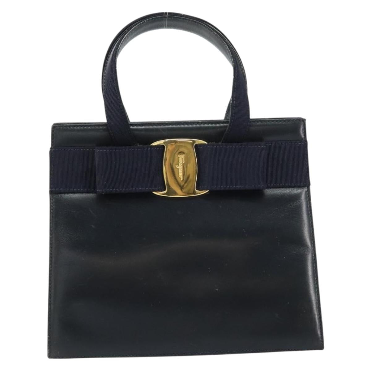 Salvatore Ferragamo Vala Hand Bag Leather Navy Gold Auth BA8854