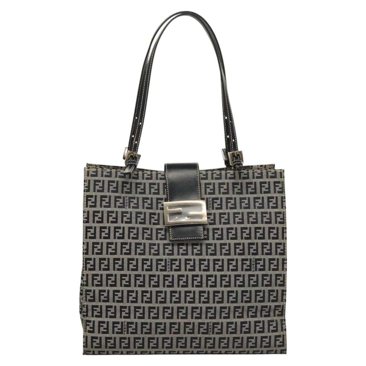 FENDI Zucchino Canvas Tote Bag Navy Silver Auth BA886V