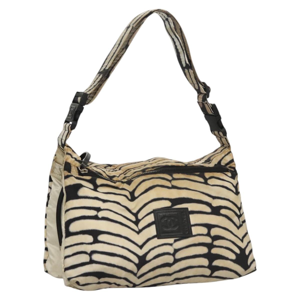 CHANEL Sports Shoulder Bag Nylon White Black CC Auth BA888