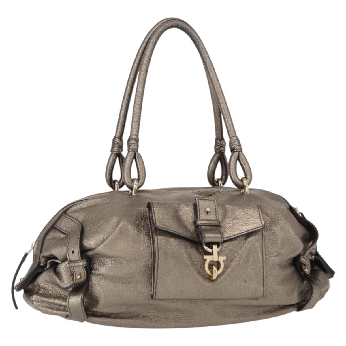 Salvatore Ferragamo Gancini Shoulder Bag Leather Gold Auth BA8916