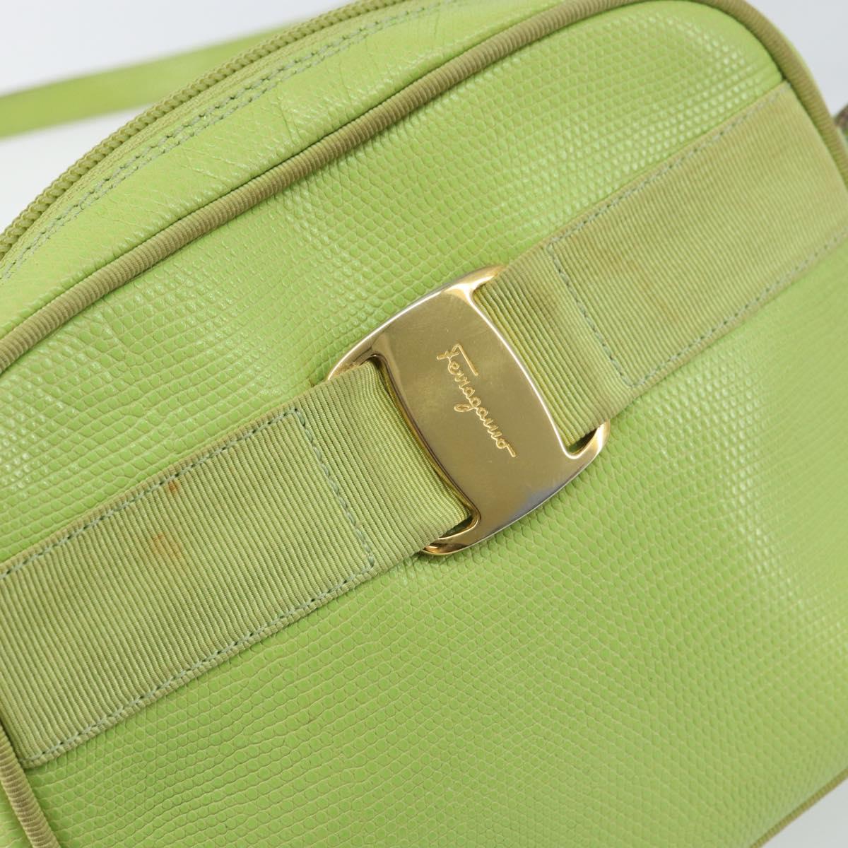 Salvatore Ferragamo Vala Shoulder Bag Leather Embossed Green Gold Auth BA8918