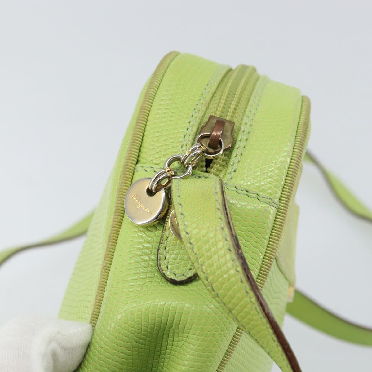 Salvatore Ferragamo Vala Shoulder Bag Leather Embossed Green Gold Auth BA8918