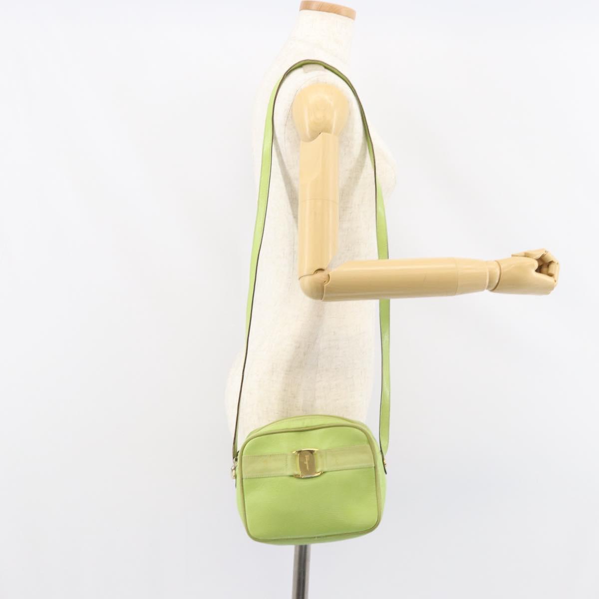 Salvatore Ferragamo Vala Shoulder Bag Leather Embossed Green Gold Auth BA8918