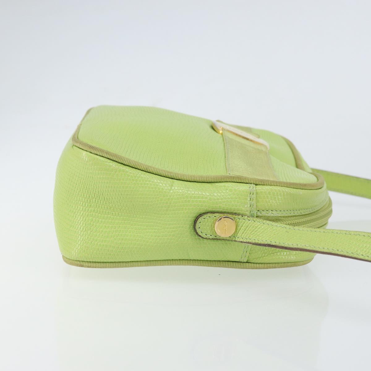 Salvatore Ferragamo Vala Shoulder Bag Leather Embossed Green Gold Auth BA8918