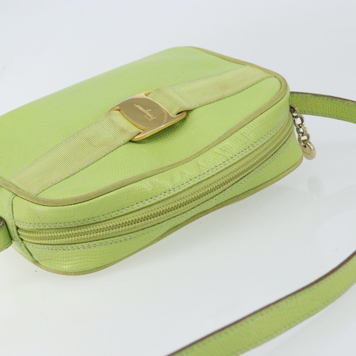 Salvatore Ferragamo Vala Shoulder Bag Leather Embossed Green Gold Auth BA8918