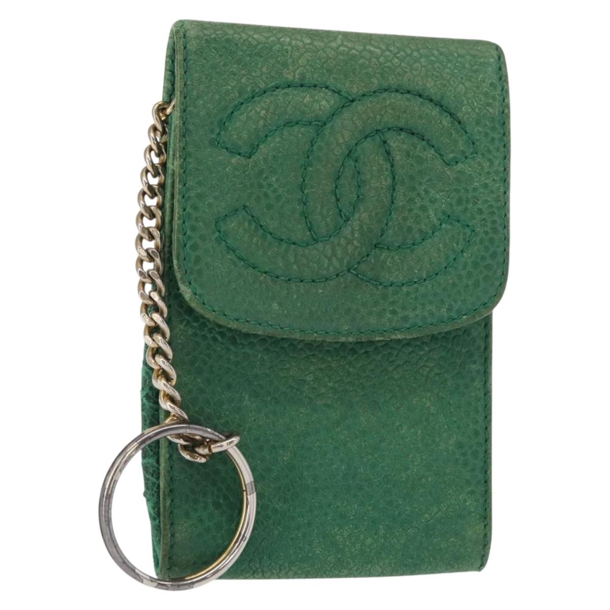CHANEL COCO Mark Pouch Caviar Skin Green Gold CC Auth BA8922