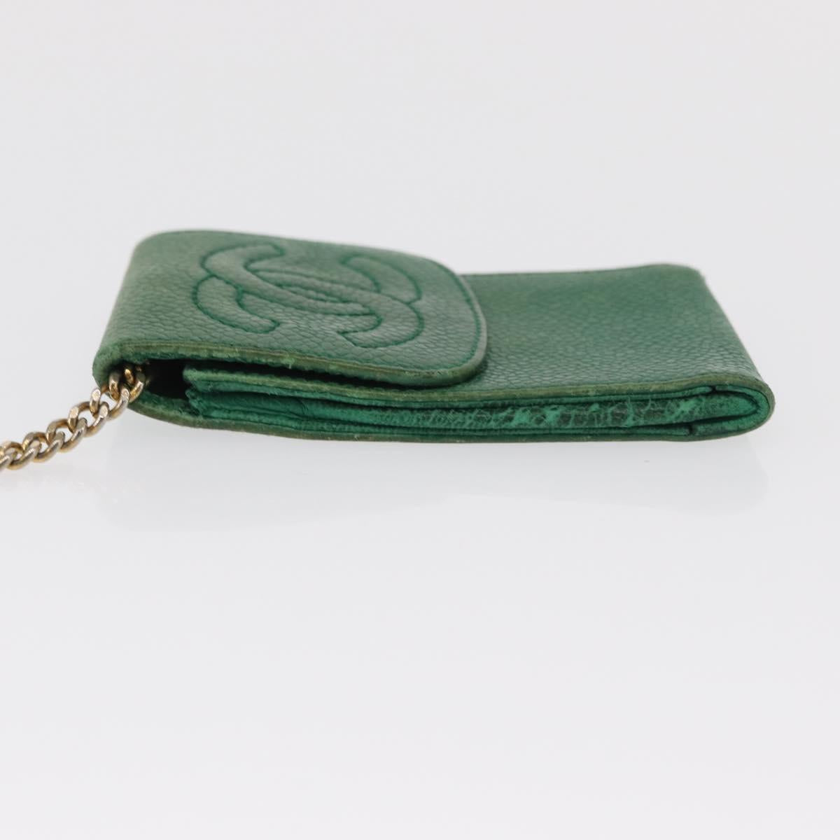 CHANEL COCO Mark Pouch Caviar Skin Green Gold CC Auth BA8922