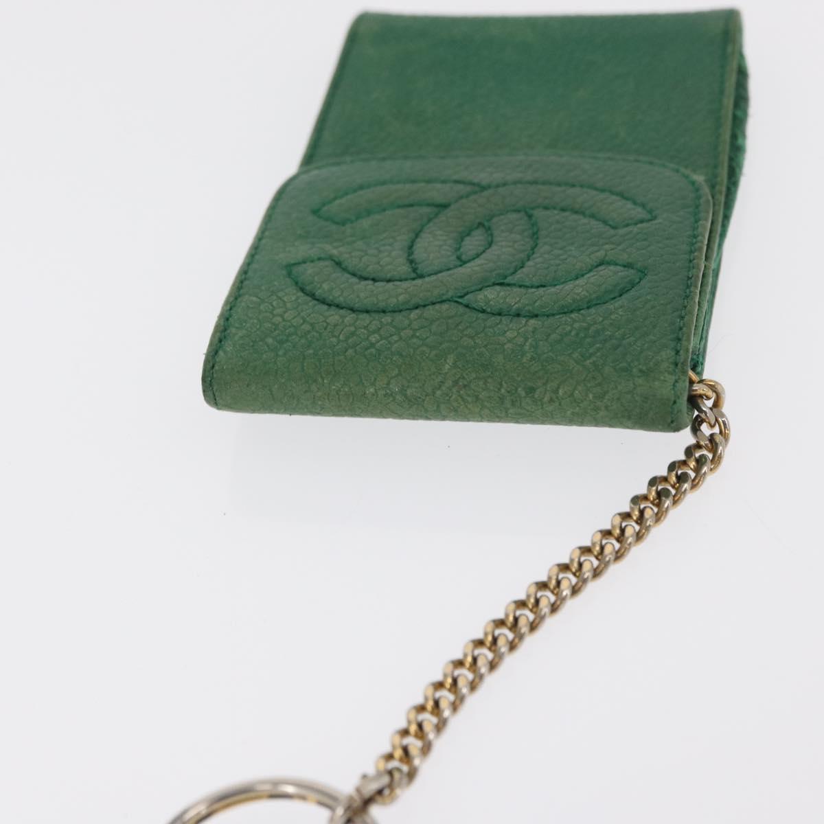 CHANEL COCO Mark Pouch Caviar Skin Green Gold CC Auth BA8922