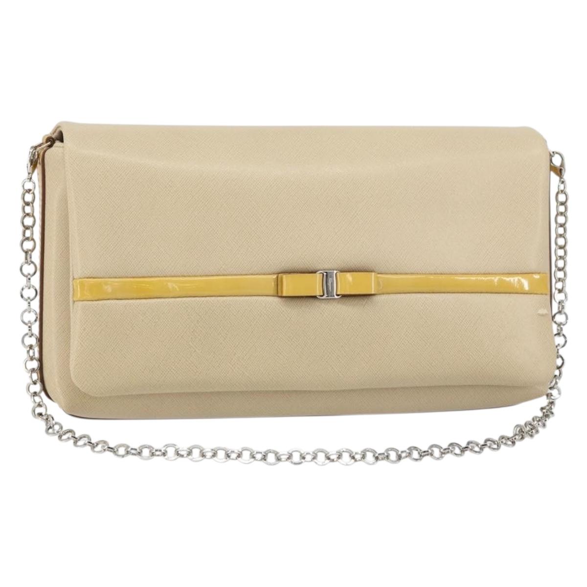 Salvatore Ferragamo Vala Chain Shoulder Bag Leather Beige Silver Auth BA8967