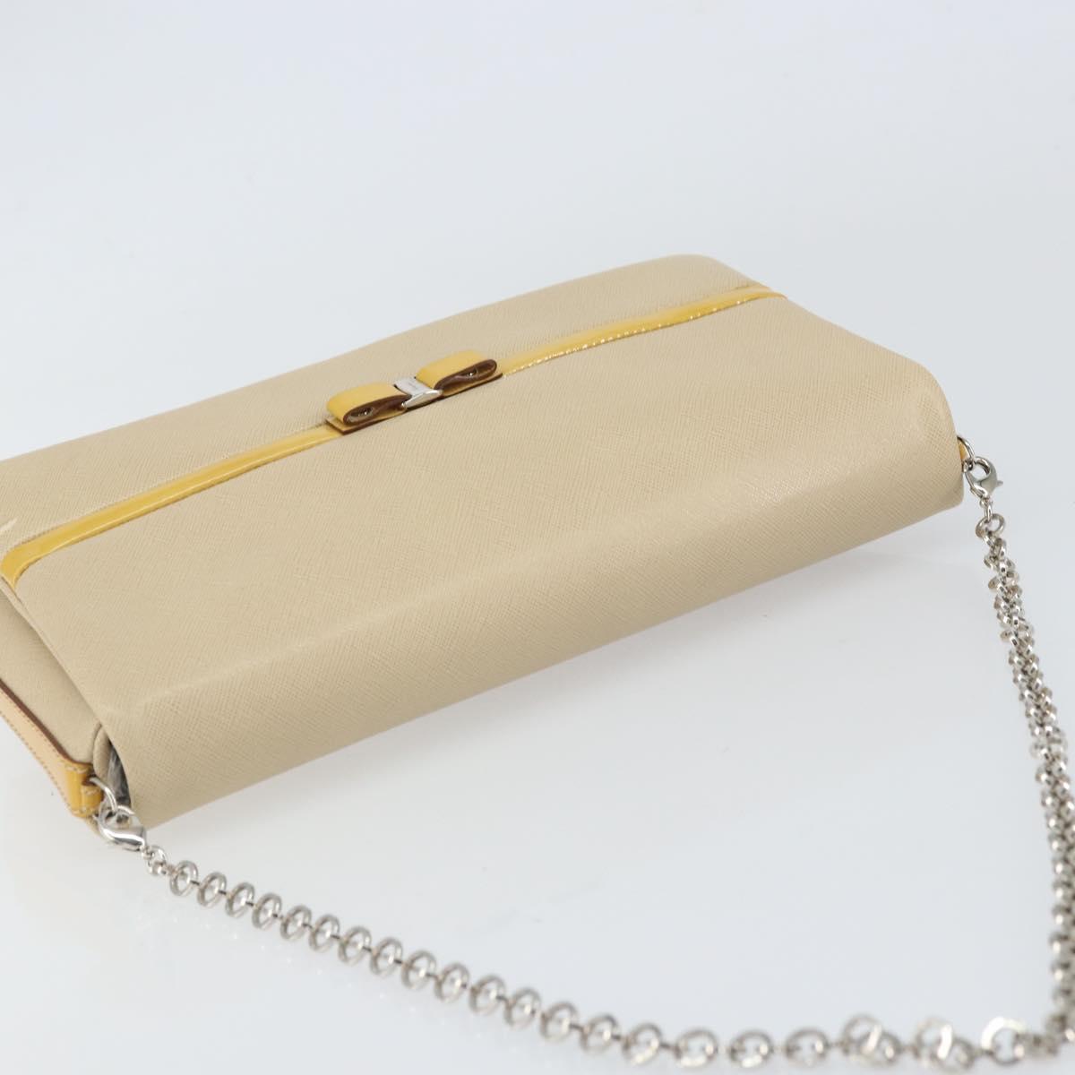 Salvatore Ferragamo Vala Chain Shoulder Bag Leather Beige Silver Auth BA8967