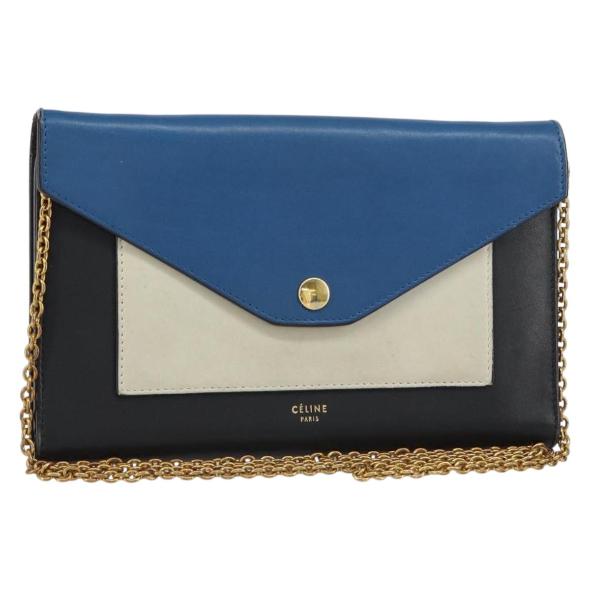 CELINE Chain Shoulder Wallet Bag Leather Multicolor Gold Auth BA8968