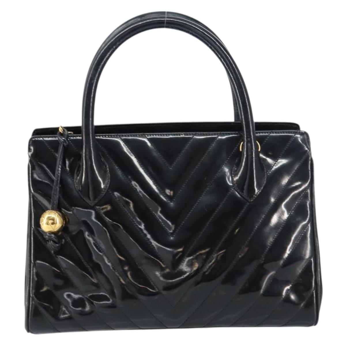 CHANEL V Stitch Hand Bag Enamel Black Gold CC Auth BA8975