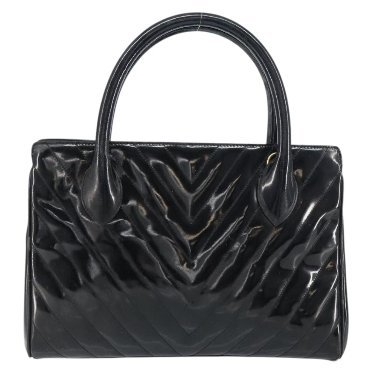 CHANEL V Stitch Hand Bag Enamel Black Gold CC Auth BA8975