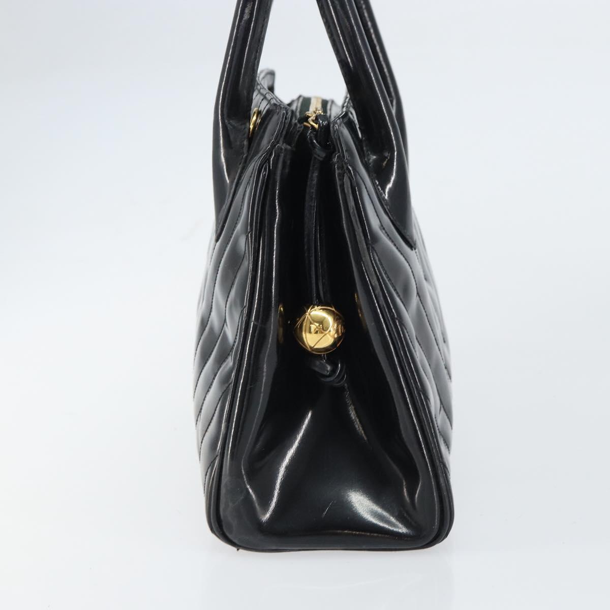 CHANEL V Stitch Hand Bag Enamel Black Gold CC Auth BA8975