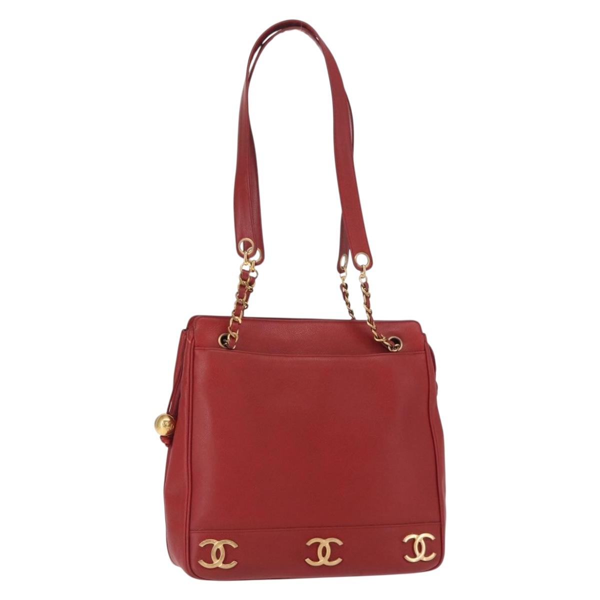 CHANEL Tote Bag Caviar Skin Red Gold CC Auth BA8976