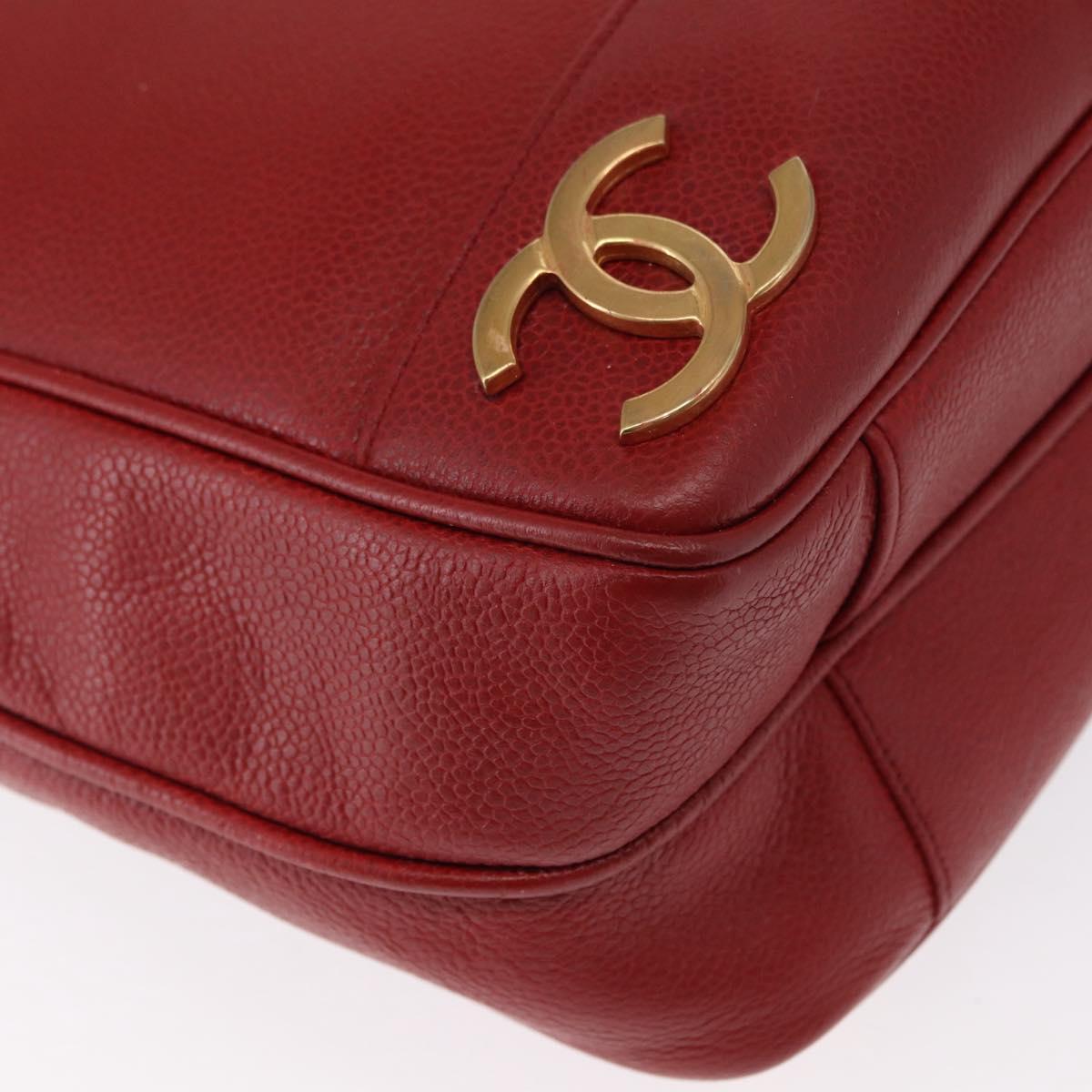 CHANEL Tote Bag Caviar Skin Red Gold CC Auth BA8976