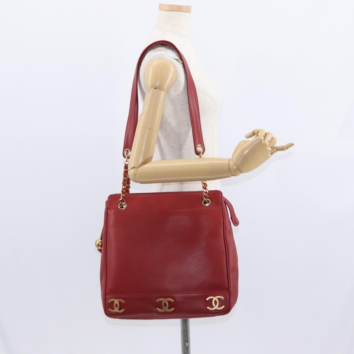 CHANEL Tote Bag Caviar Skin Red Gold CC Auth BA8976