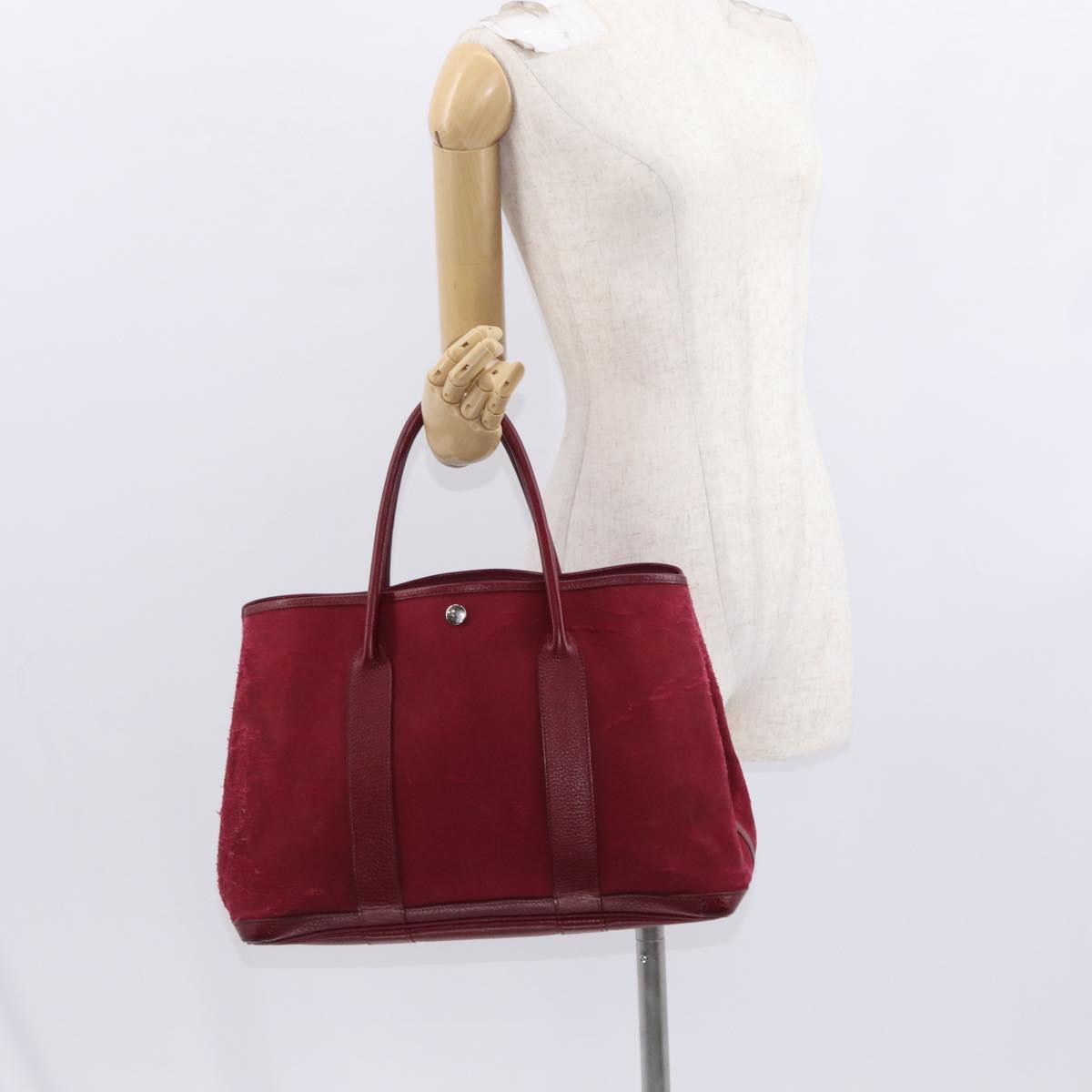 HERMES Garden Party MM Hand Bag Canvas Leather Red Auth BA8990
