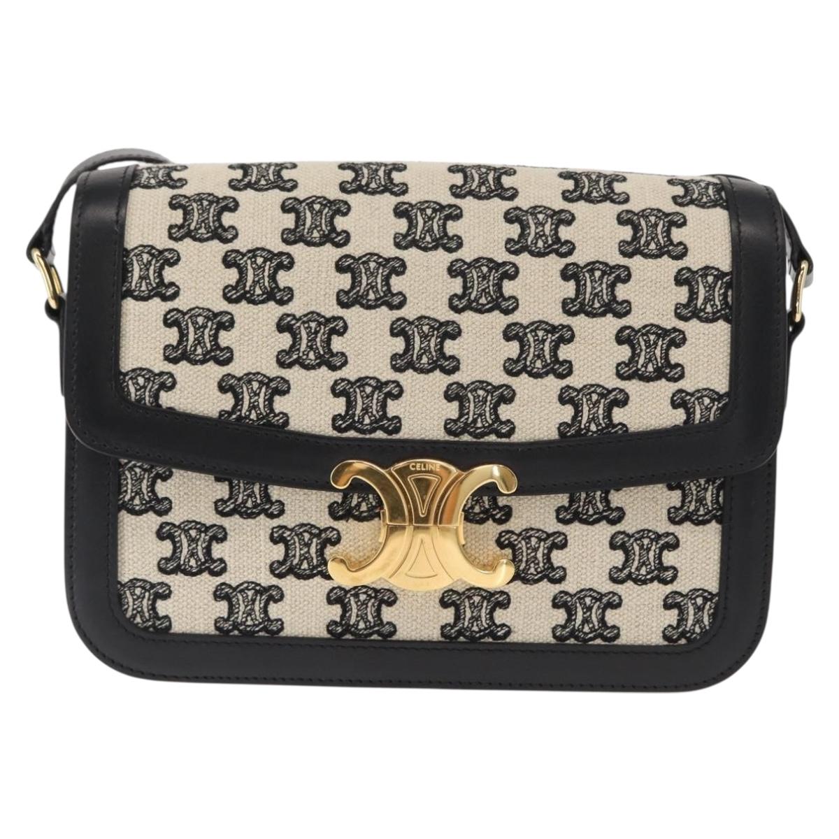 CELINE Teen Triomphe Shoulder Bag Leather Canvas Black White Auth BA8997M