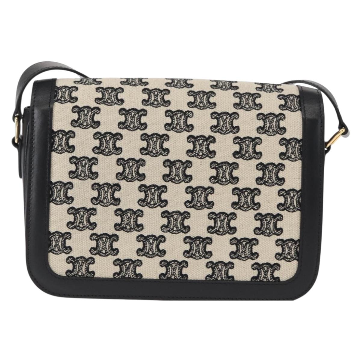 CELINE Teen Triomphe Shoulder Bag Leather Canvas Black White Auth BA8997M