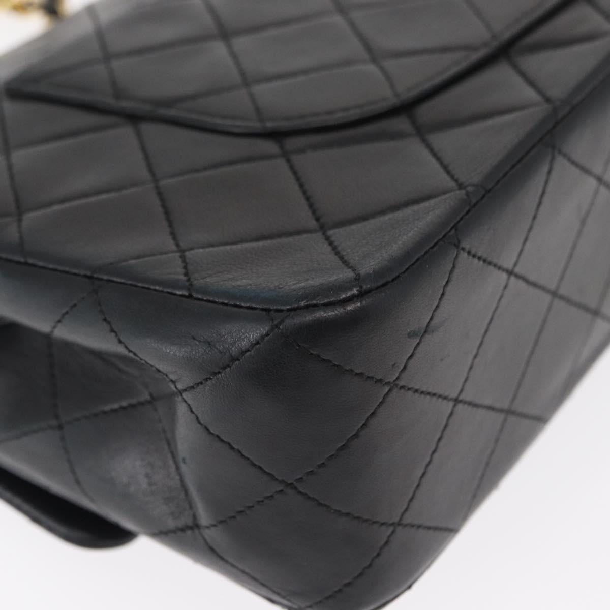CHANEL Matelasse 25 Double Flap Chain Bag Lamb Skin Black Gold CC Auth BA9001SAM