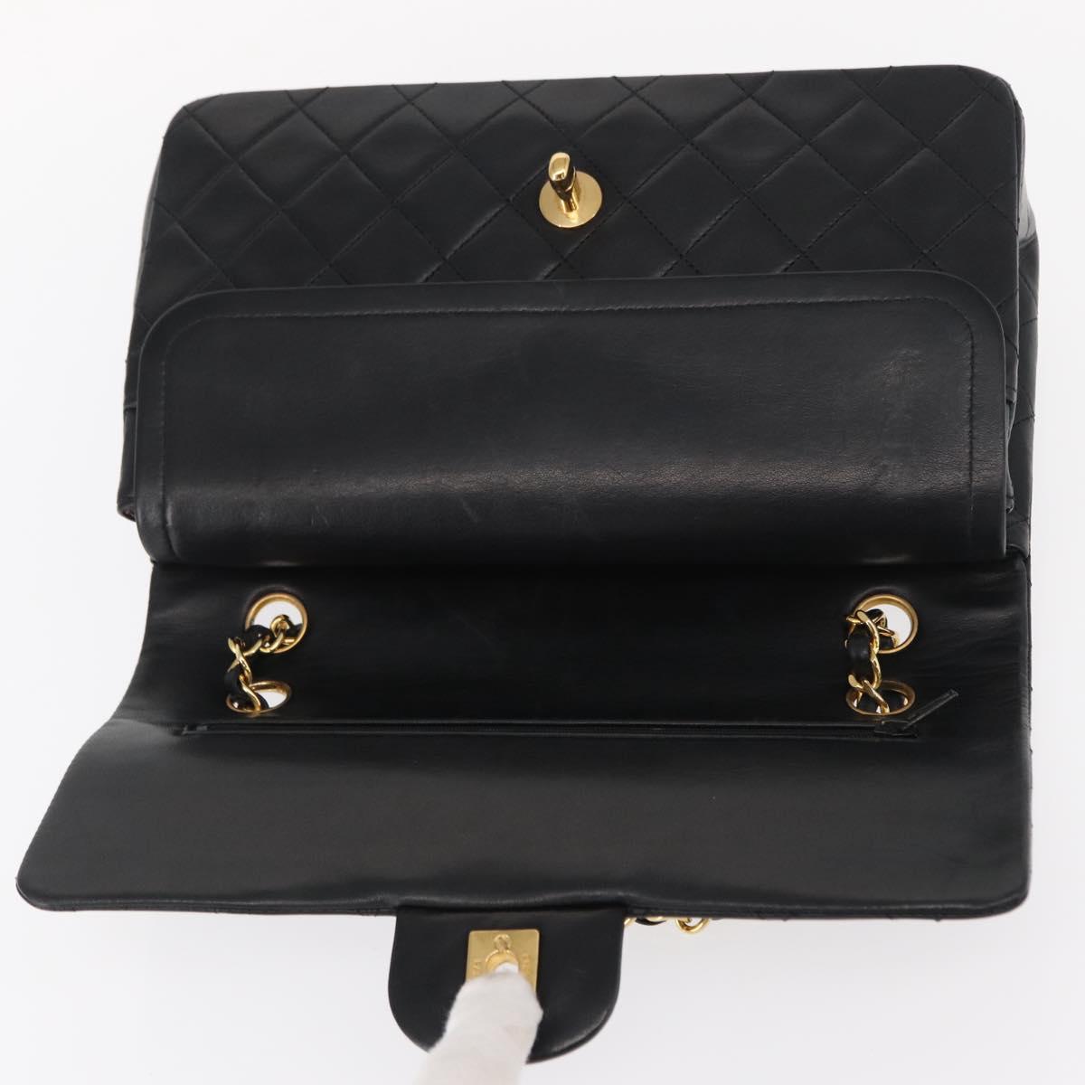 CHANEL Matelasse 25 Double Flap Chain Bag Lamb Skin Black Gold CC Auth BA9001SAM