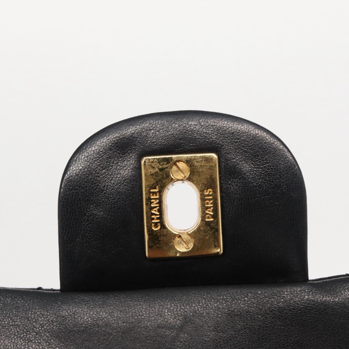 CHANEL Matelasse 25 Double Flap Chain Bag Lamb Skin Black Gold CC Auth BA9001SAM