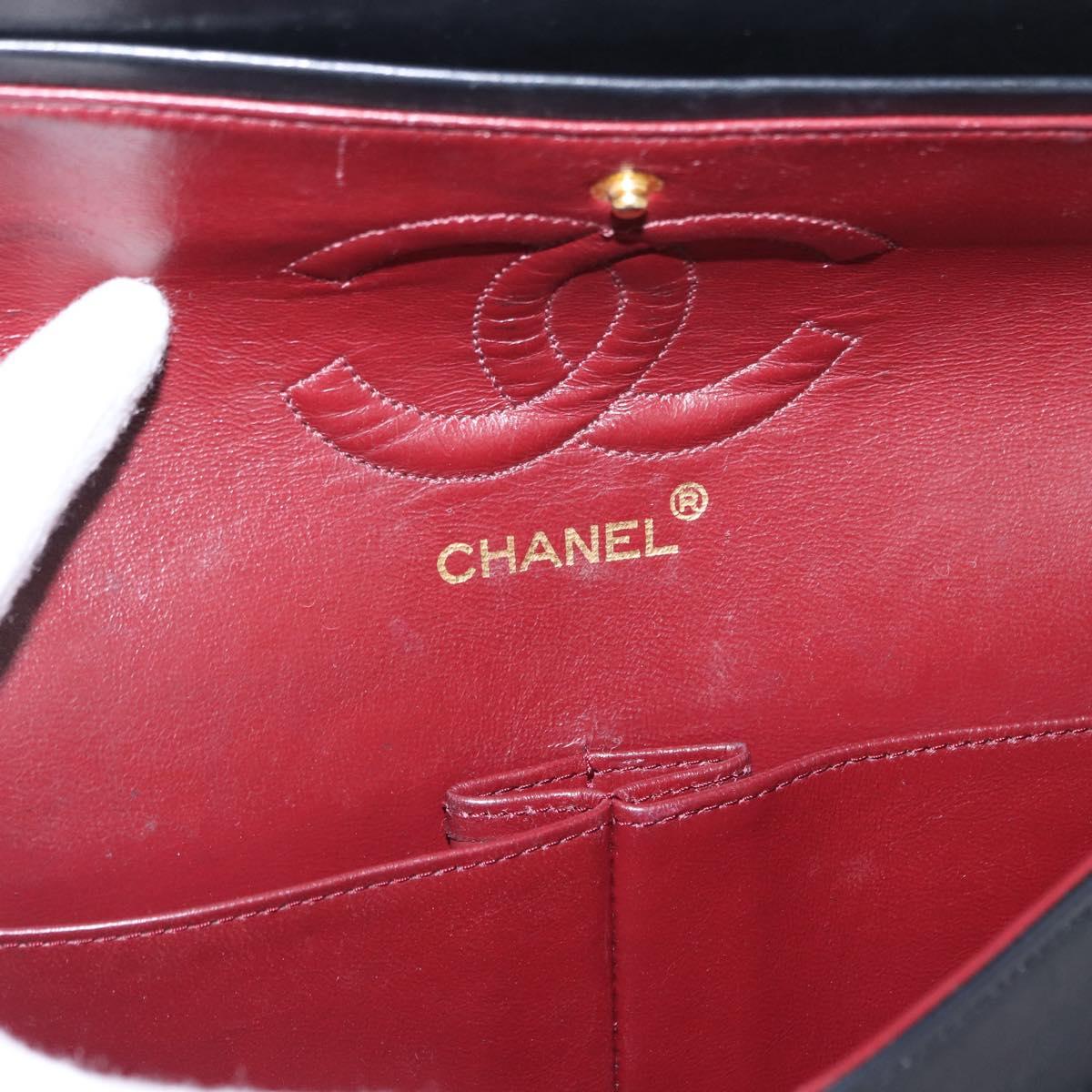 CHANEL Matelasse 25 Double Flap Chain Bag Lamb Skin Black Gold CC Auth BA9001SAM