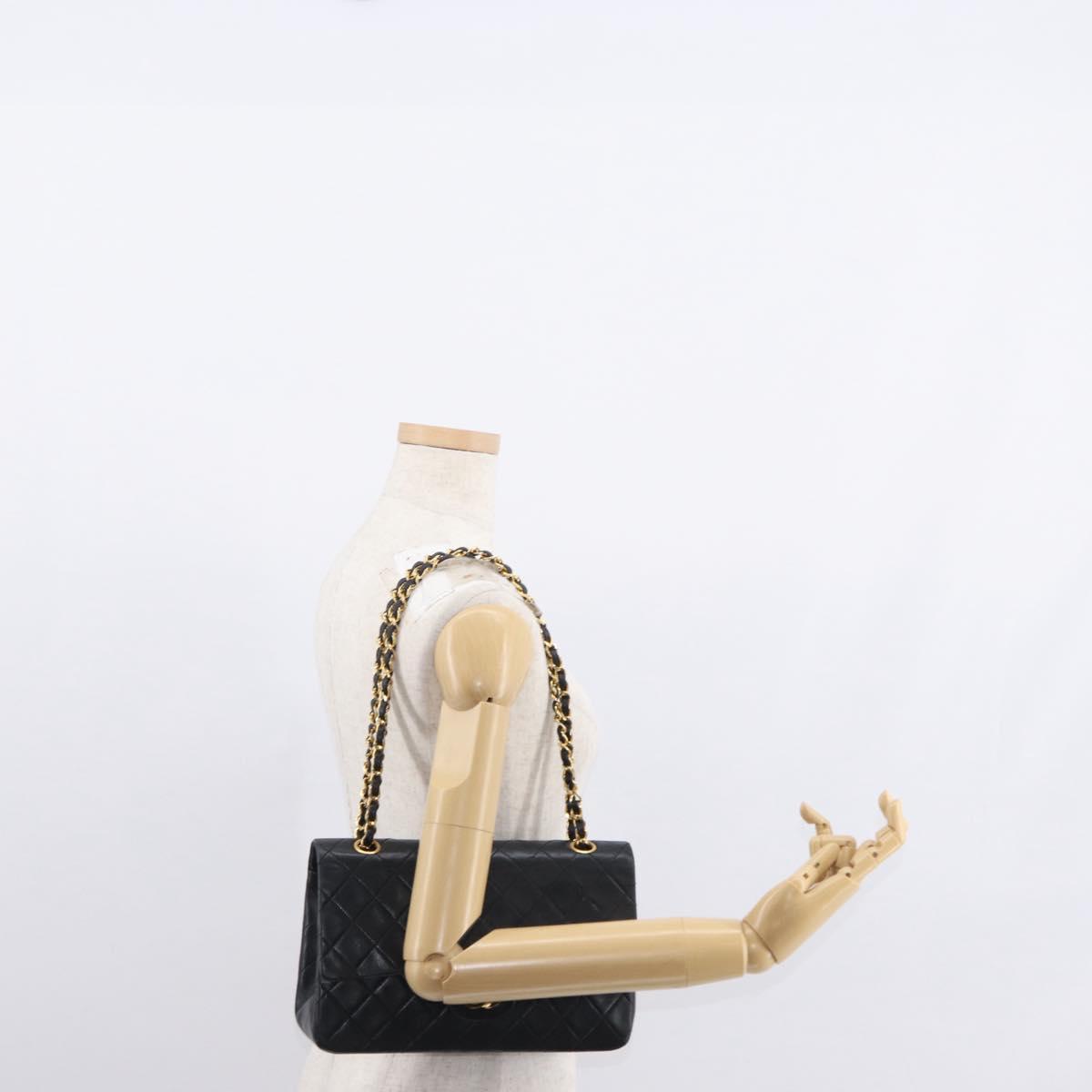 CHANEL Matelasse 25 Double Flap Chain Bag Lamb Skin Black Gold CC Auth BA9001SAM