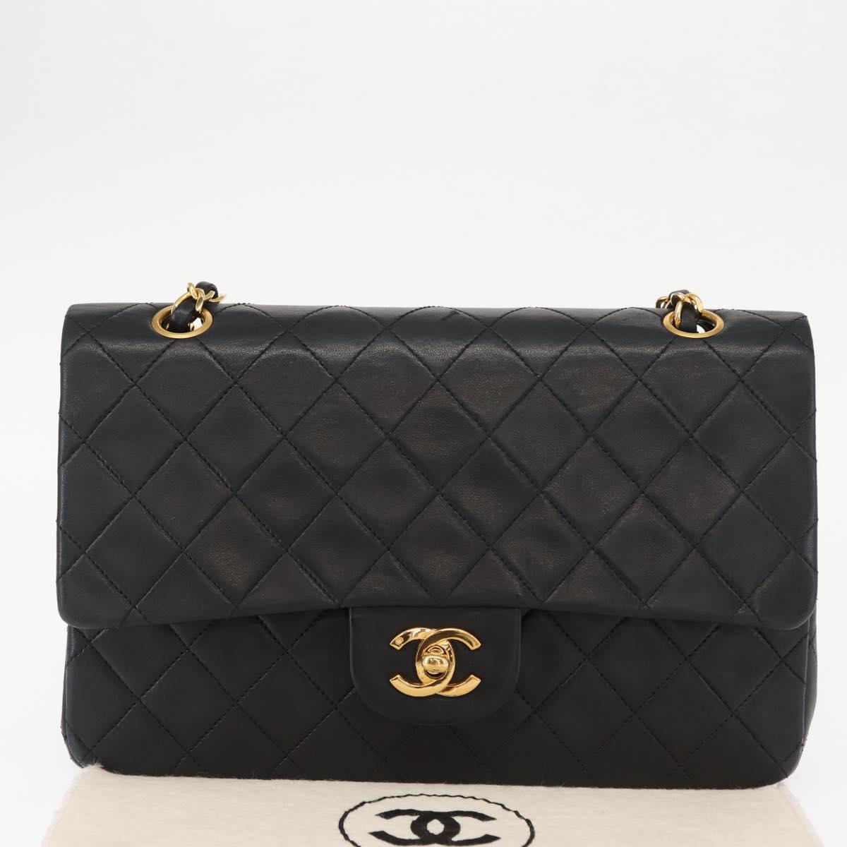 CHANEL Matelasse 25 Double Flap Chain Bag Lamb Skin Black Gold CC Auth BA9001SAM