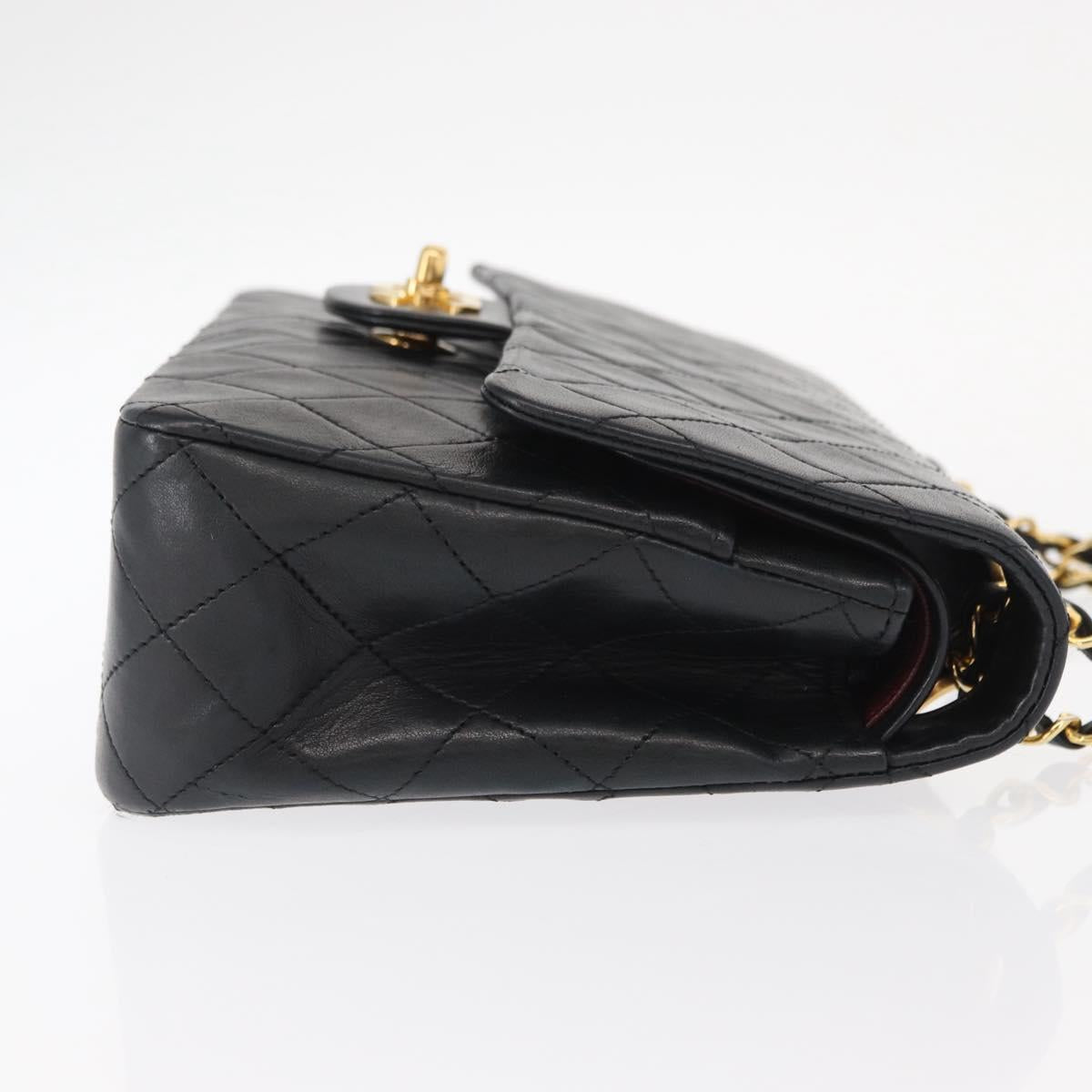 CHANEL Matelasse 25 Double Flap Chain Bag Lamb Skin Black Gold CC Auth BA9001SAM