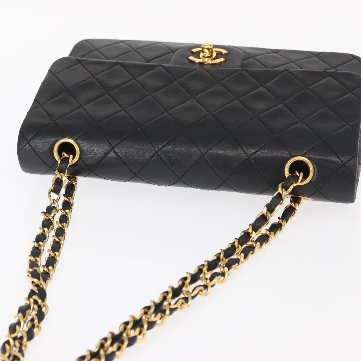 CHANEL Matelasse 25 Double Flap Chain Bag Lamb Skin Black Gold CC Auth BA9001SAM