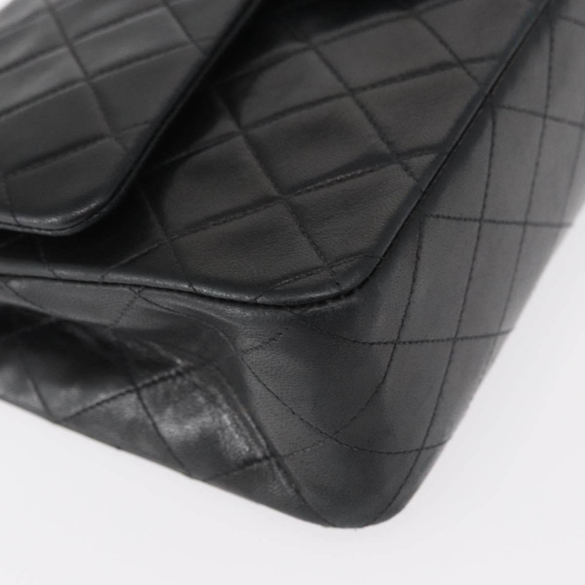 CHANEL Matelasse 25 Double Flap Chain Bag Lamb Skin Black Gold CC Auth BA9002SAV